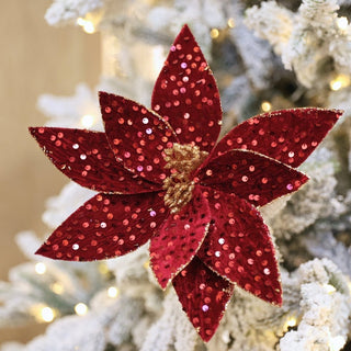Burgundy Velvet Blooming Poinsettia Pick - Joy By