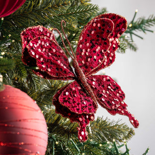 Burgundy Velvet Butterfly Clip - on with Red & Gold Sequins - Joy By