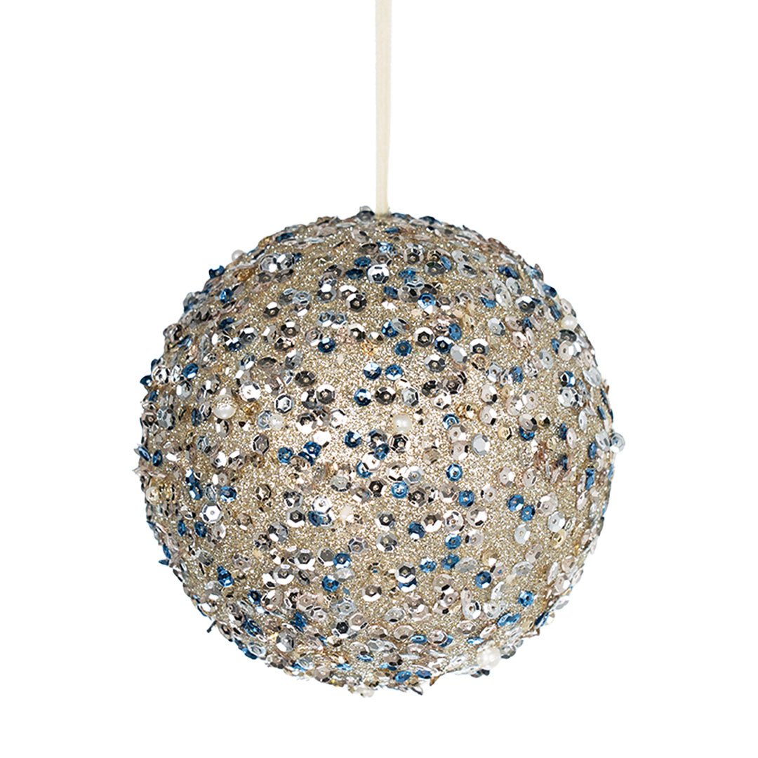 Champagne Gold & Blue Sequin Ball Ornament - Joy By