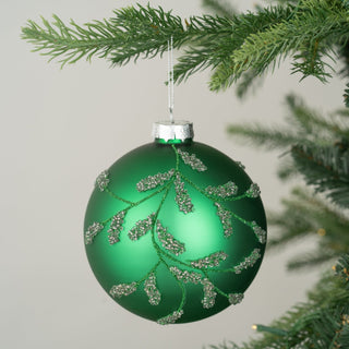 Green Ball Ornament with Beaded Leaf Motif - Joy By