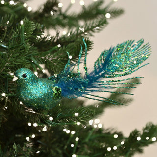 Green Bird Ornament with Peacock Tail - Joy By