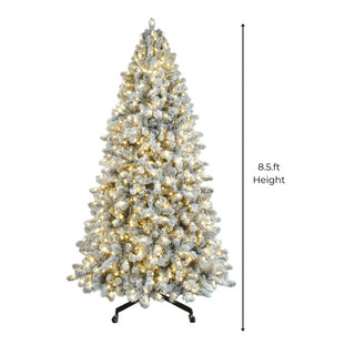 Joy By 8.5' Flocked Christmas tree with 900 Warm White LED Lights - Joy By