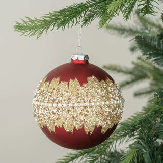 Matte Red Ball Ornament with Pearl and Embellished Detail - Joy By