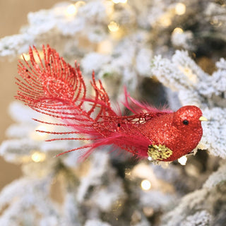Red Bird Ornament with Peacock Tail - Joy By