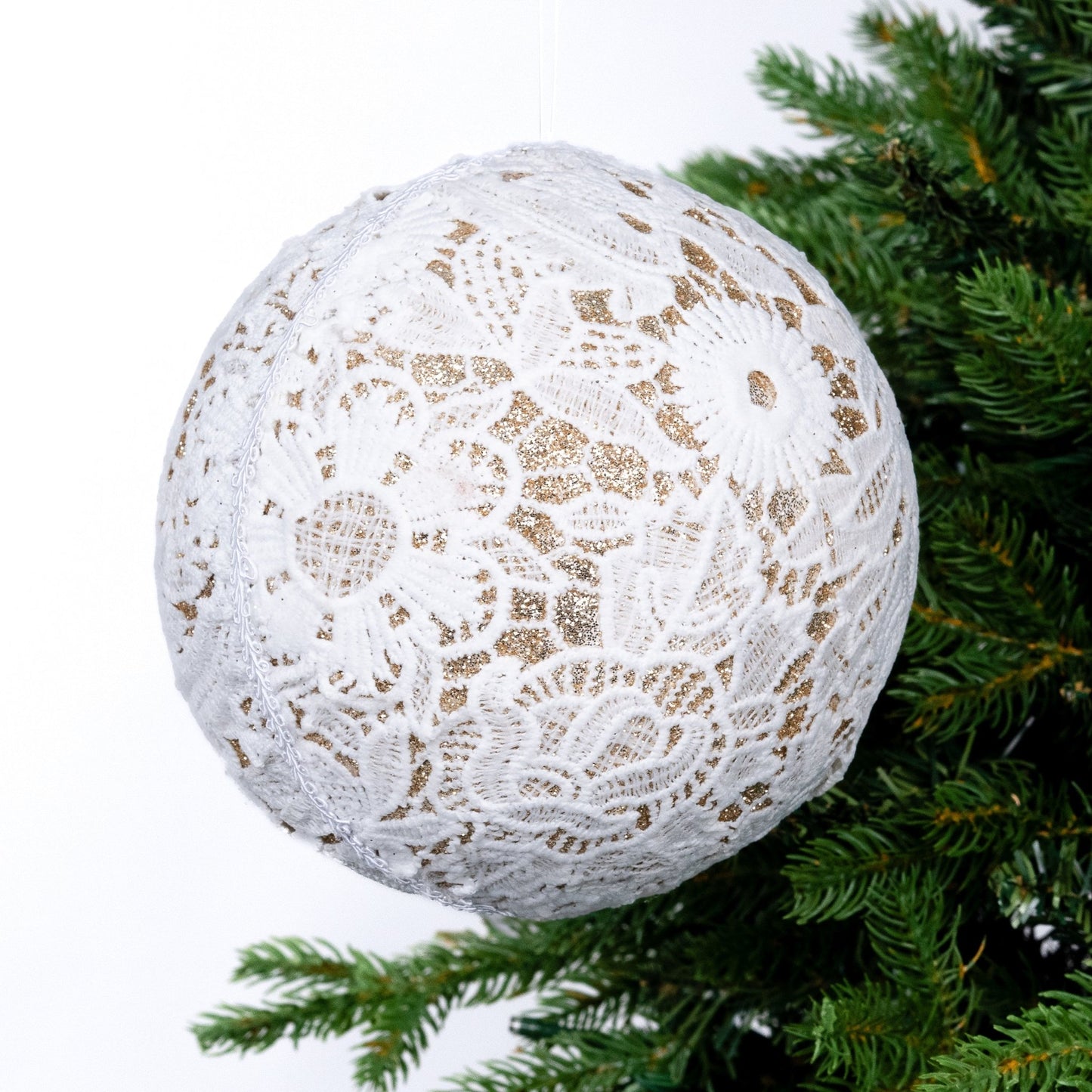 White & Metallic Lace Ball Ornament - Joy By