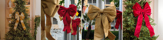 Burgundy and gold oversized outdoor velvet bows on lamp posts and trees