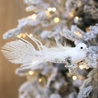 White Bird Ornament with Peacock Tail White