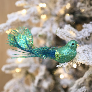 Green Bird Ornament with Peacock Tail Green