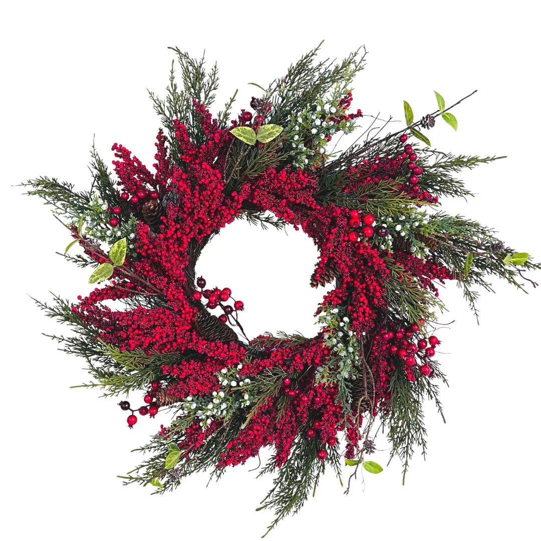 26" Wreath with Red berry and Pine needle - Joy By