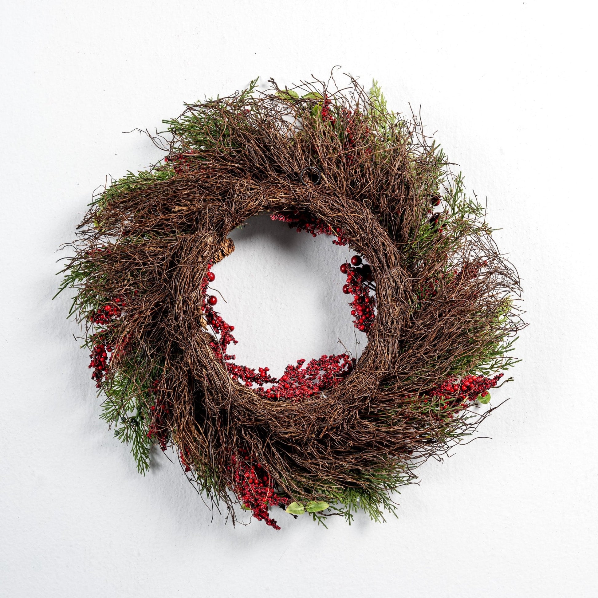 26" Wreath with Red berry and Pine needle - Joy By