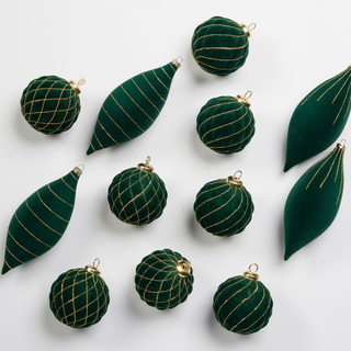 Green Flocked Shatterproof 12-Piece Ornament Set