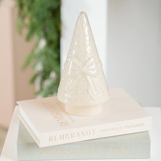 22cm Cream LED Glass Cone Tree with Bow Inlaid - Joy By