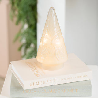 29cm Cream LED Glass Cone Tree with Bow Inlaid - Joy By