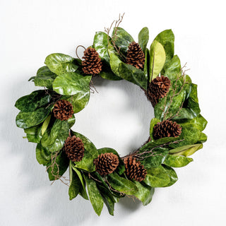 29" Magnolia leaf pine cone and twig wreath - Joy By