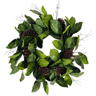 29" Magnolia leaf pine cone and twig wreath - Joy By