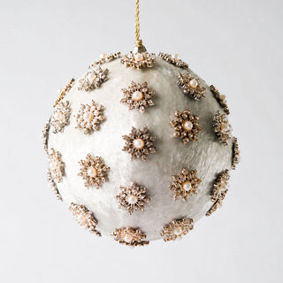 Ivory Pearl Flower Rhinestone Velvet 4" Ball Ornament