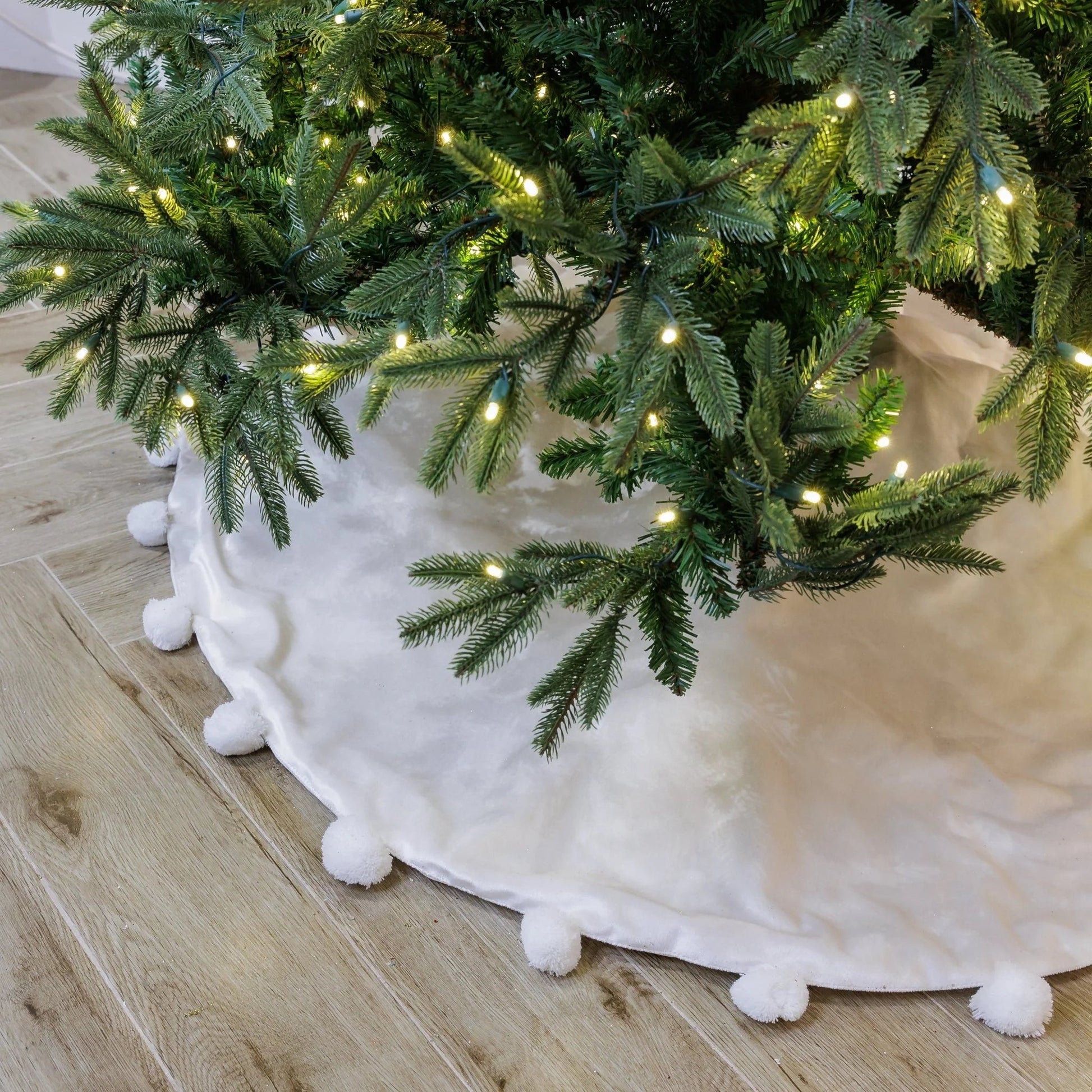 48" Round White velvet tree skirt with white pom pom on the edge. - Joy By