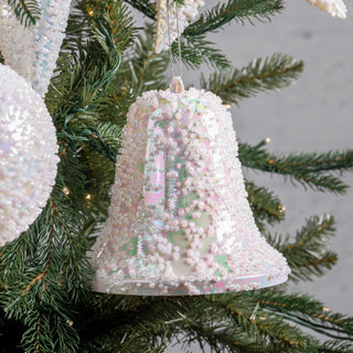 7" White Iridescent Bell Ornament With Clear Bead Details - Joy By