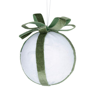 White & Green Velvet Bow Ball Ornament