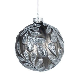 Grey Glass Ball Ornament with Silver Glitter Paisley Print Grey