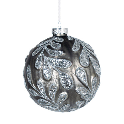 Grey Glass Ball Ornament with Silver Glitter Paisley Print Grey