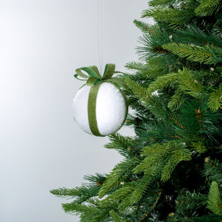 White & Green Velvet Bow Ball Ornament