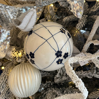 White and Blue Floral Ball Ornament