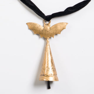 Antique Gold Bat Bell with Black Velvet Ribbon - Joy By