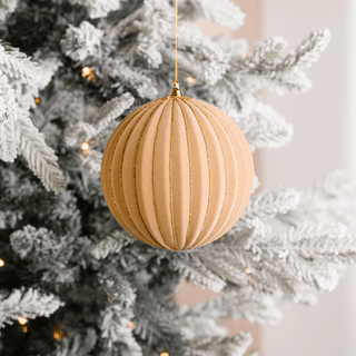 Beige Flocked Ball with Gold Glitter Stripes 6" - Joy By