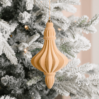 Beige Flocked Chandelier with Gold Glitter Stripes Ornament 8.5" - Joy By