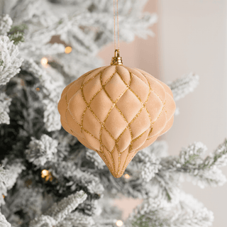 Beige Flocked Onion Ball Ornament with Gold Glitter Net 6" - Joy By