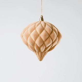 Beige Flocked Onion Ball Ornament with Gold Glitter Net 6" - Joy By