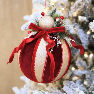 Burgundy & Champagne Ball Ornament With Bow & Foliage - Joy By