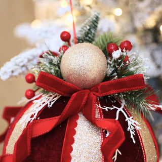Burgundy & Champagne Ball Ornament With Bow & Foliage - Joy By