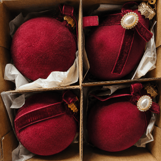 Burgundy Flocked Glass Ornament Set with Bow - Joy By