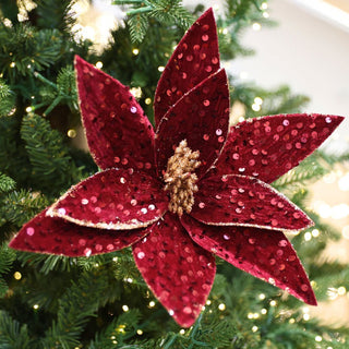 Burgundy Velvet Blooming Poinsettia Pick - Joy By