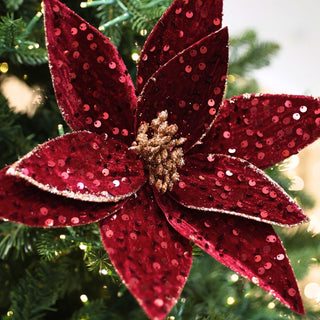 Burgundy Velvet Blooming Poinsettia Pick - Joy By