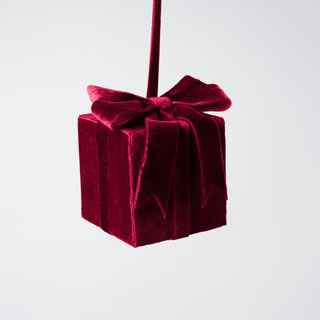 Burgundy Velvet Gift Box Ornament - Joy By