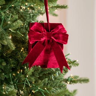 Burgundy Velvet Gift Box Ornament - Joy By