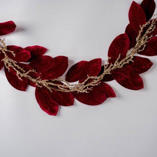 Burgundy Velvet Magnolia Leaf Garland with Champagne Branches - Joy By