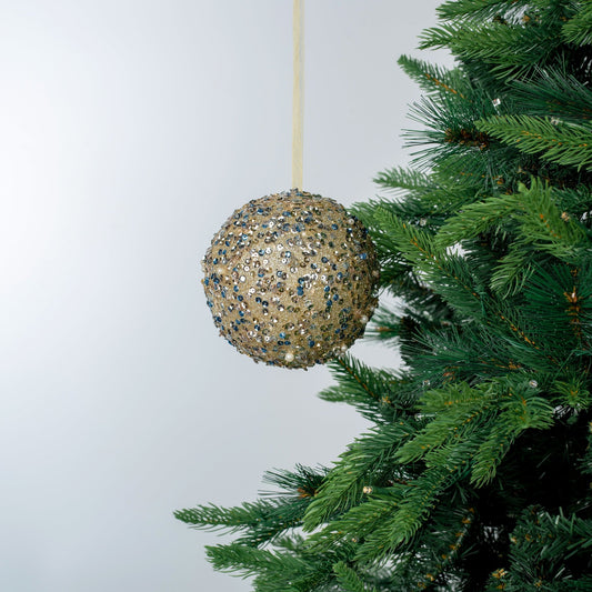 Champagne Gold & Blue Sequin Ball Ornament - Joy By
