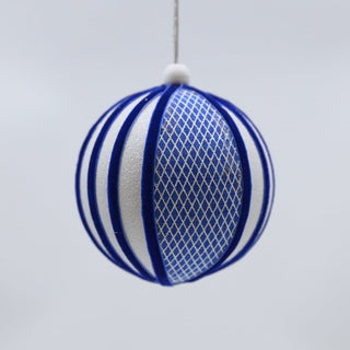 Cross Textured Blue & White Velvet Ball Ornament - Joy By