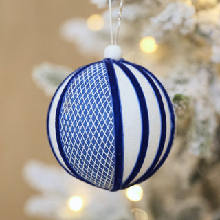 Cross Textured Blue & White Velvet Ball Ornament - Joy By