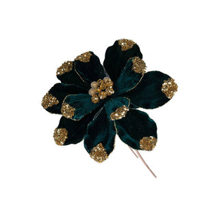 Emerald & Gold Velvet Magnolia Flower Pick - Joy By