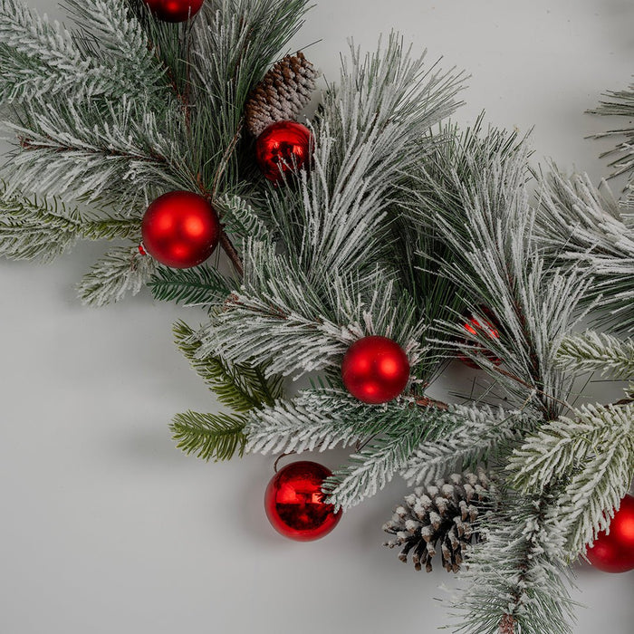 Flocked 72" Festive Foliage Garland with Red Balls & Pinecones