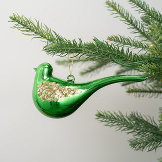 Glossy Green Bird Ornament with Gold Glitter - Joy By