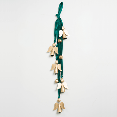 Gold Metal Angels with Emerald Ribbon Cluster