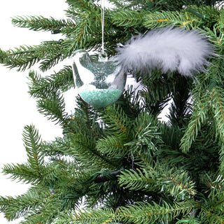 Green Glass Bird Ornament with White Feather Tail - Joy By