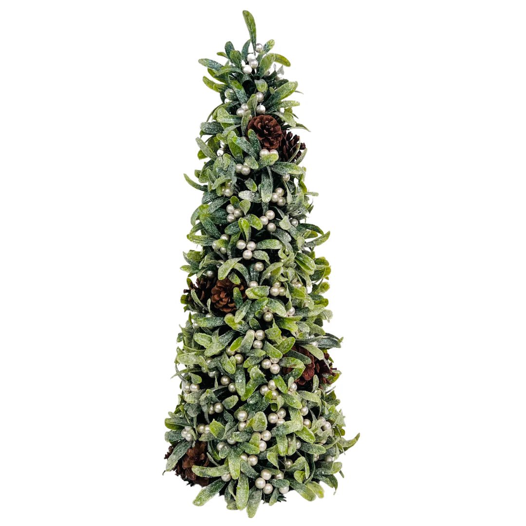 Green Glitter Mistotle Cone Tree With White Berry & Holly Leaves - Joy By