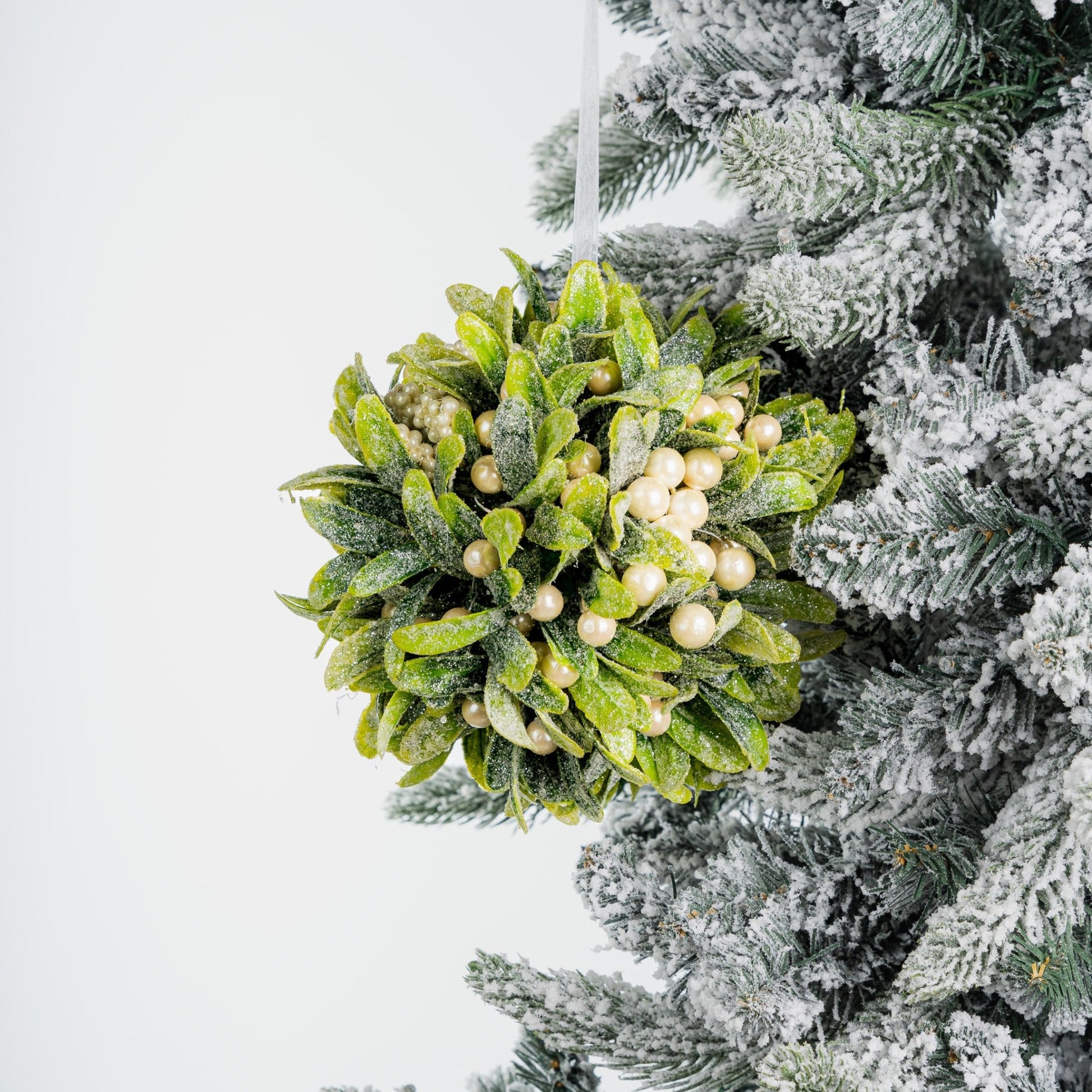 Green Hanging Mistletoe Ornament with White Berries - Joy By